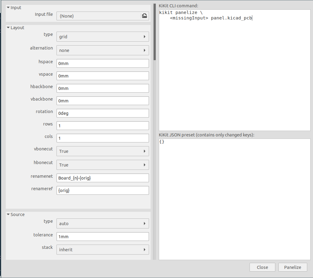 Panelization plugin Window